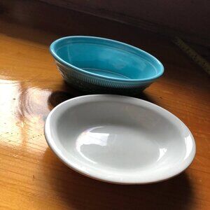 Set of 2 Vintage White & Blue Oval Bowl Dish Embossed & Smooth